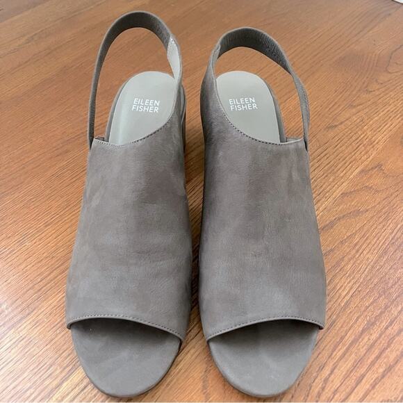 Eileen Fisher Charcoal Gray Sling Back Suede Chunky Heel Peep Toe Shoes Sz 11 - Picture 2 of 8